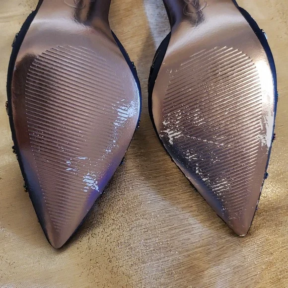 NWoT Adrianna Papell Navy Blue Satin Beaded Pointed Toe Pump, Size 7.5 - Picture 15 of 16